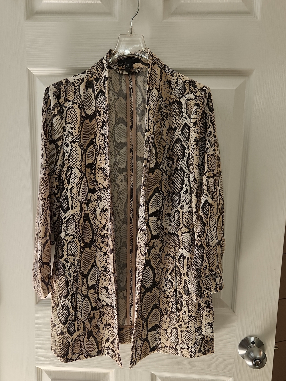 The Limited Snake-Print Open Front Blazer in Beige and Gray.